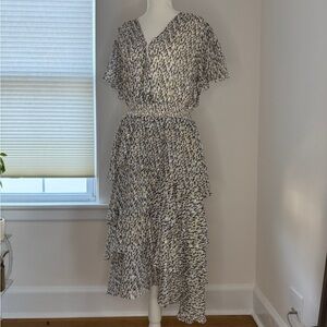 Vince Camuto Silver Gold Metallic Black Printed Tiered Midi Wrap Dress